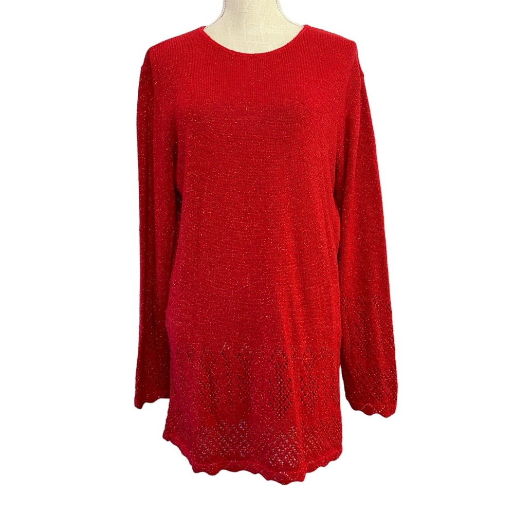 Jaclyn Smith Red Sparkle Pullover Sweater Size M Round Neck Knit Long‎ Sleeve